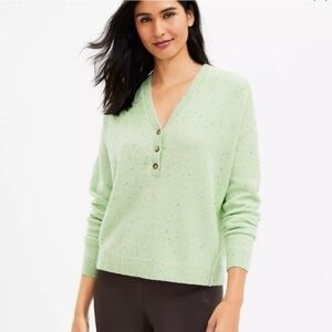 Loft Green Speckle Oversized V-Neck Knit Sweater Soft Cozy Womens Size Large